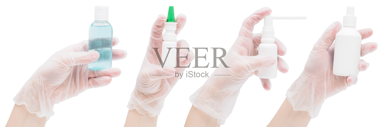 白色背景上有许多双手戴着橡胶手套的横幅。在许多不同的喷雾剂和防腐剂手中。病毒、冠状病毒和流感大流行中的预防措施。网站的标题照片摄影图片