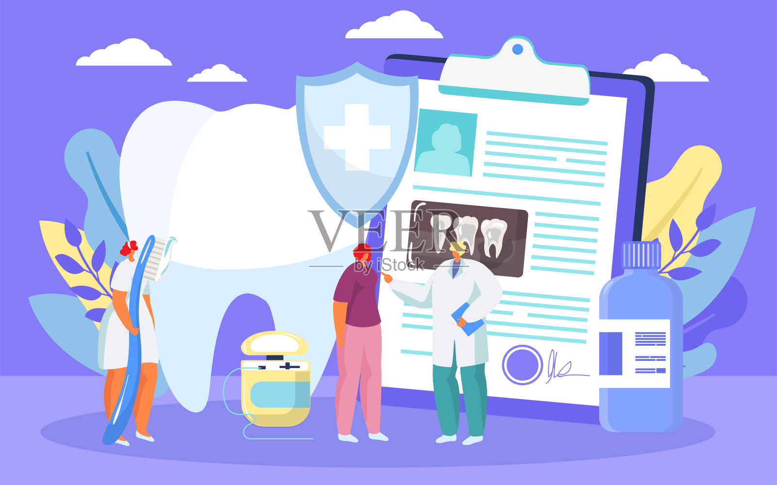 治疗龋齿、健康牙齿的牙科医疗程序由牙医卡通矢量插图。插画图片素材