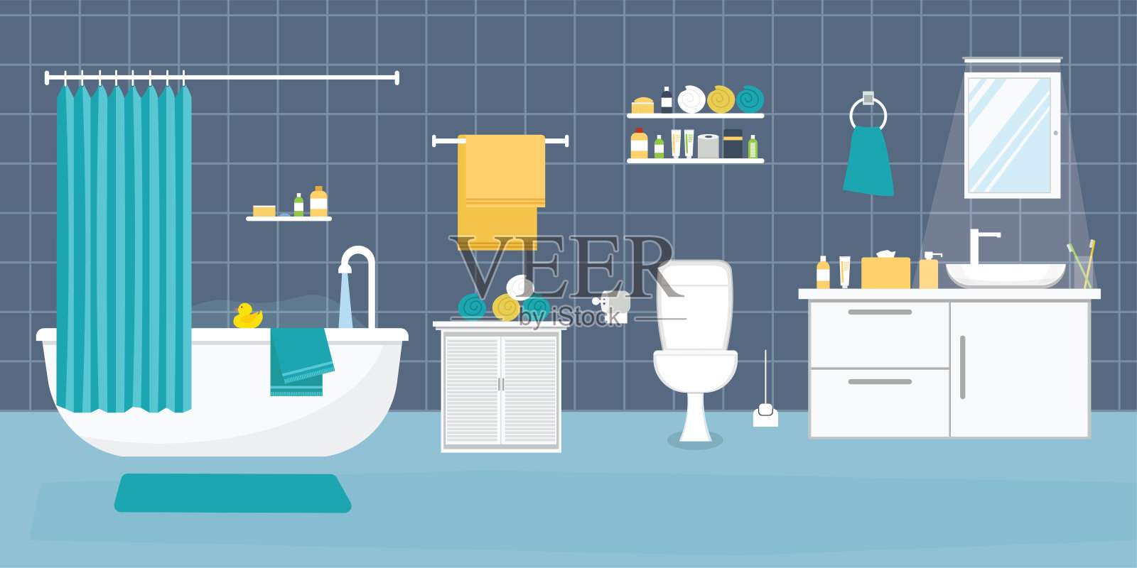 浴室内部与家具在平面设计风格。矢量图插画图片素材