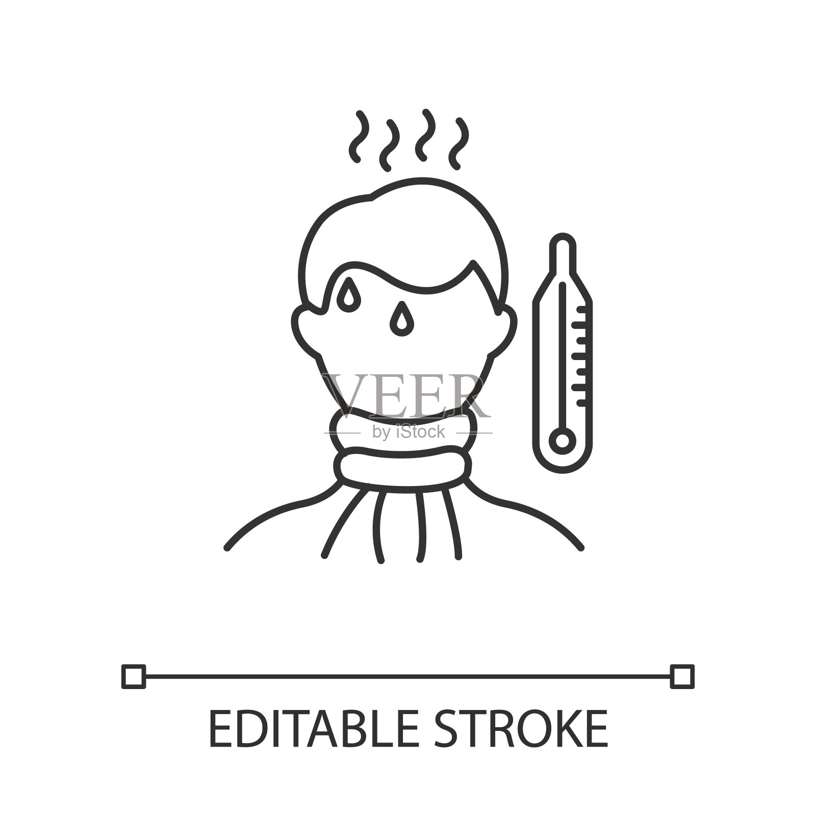 高温线性图标。发烧症状。疾病,疾病。人不舒服。医疗保健。生病的人。流行性感冒。细线说明。轮廓的象征。矢量孤立轮廓绘制。可编辑的中风插画图片素材