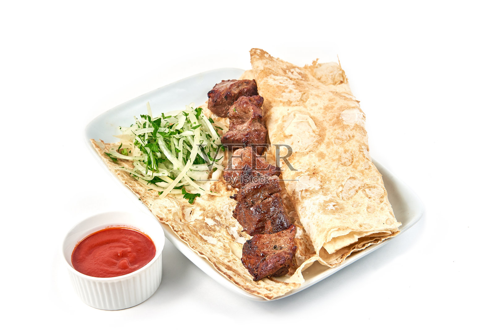 小牛肉烧烤与酱汁在餐厅特写照片摄影图片