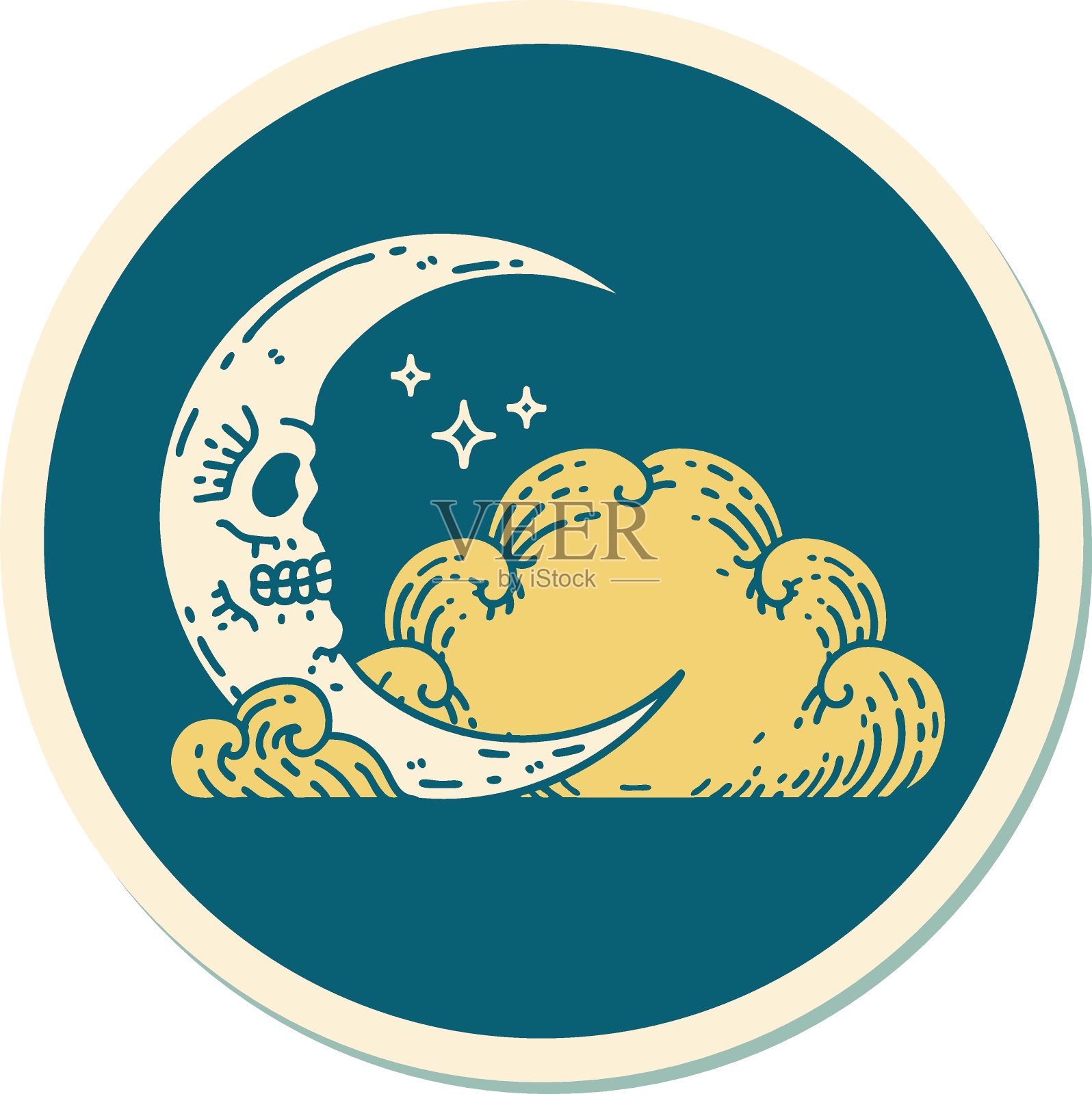 纹身风格贴纸的头骨新月和云插画图片素材
