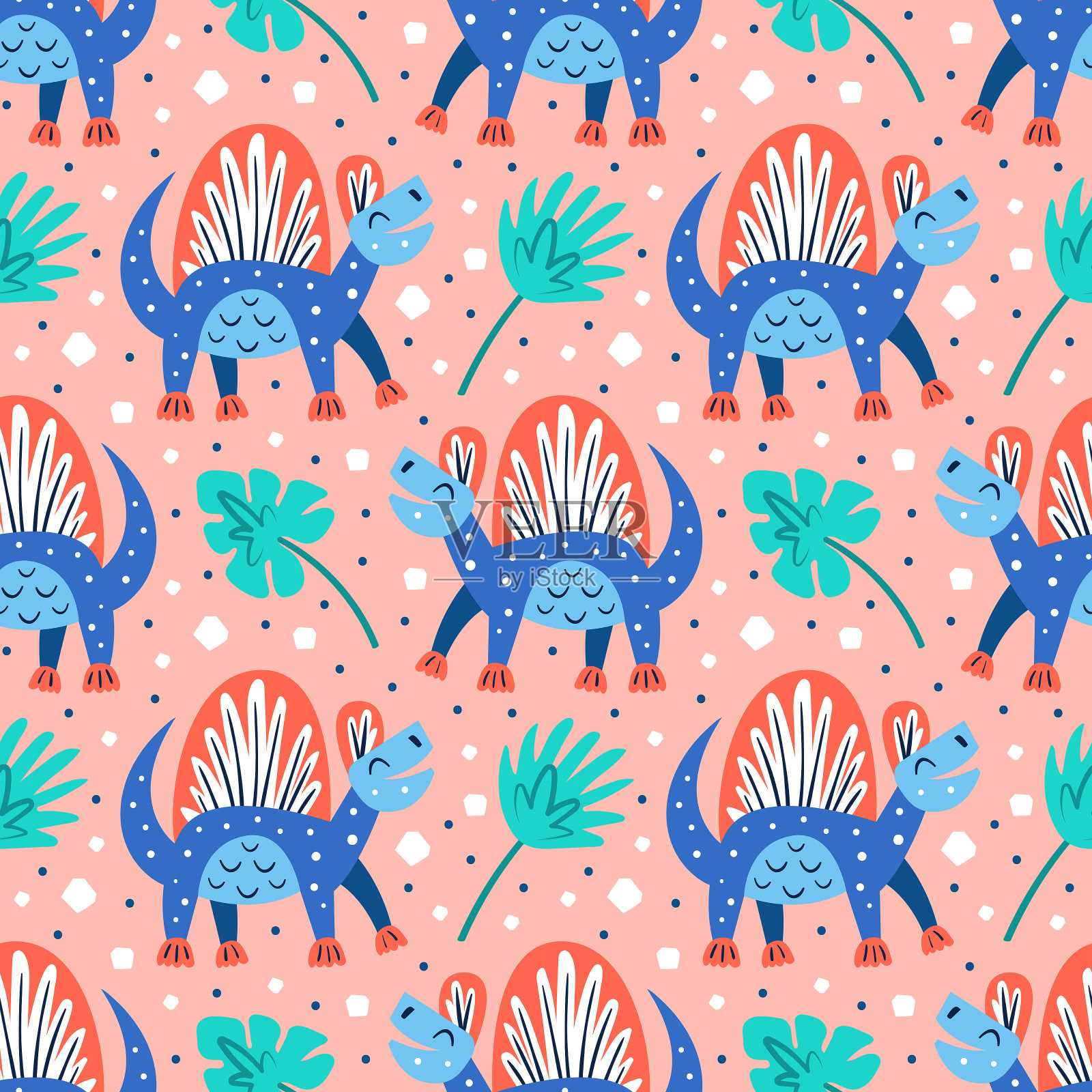 可爱的蓝色小恐龙和棕榈叶。史前动物。插画图片素材