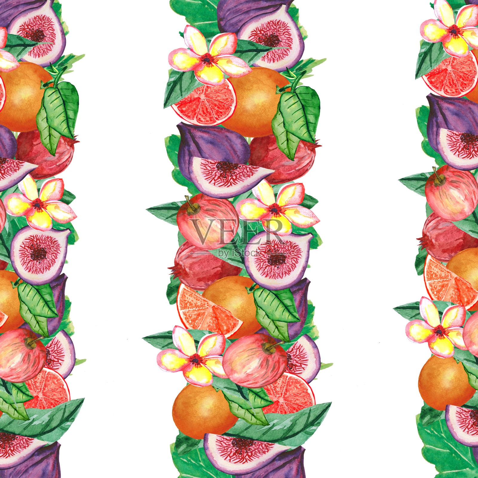 水彩无缝的水果和绿色的叶子在白色的背景。用于卡片、海报的设计。插画图片素材