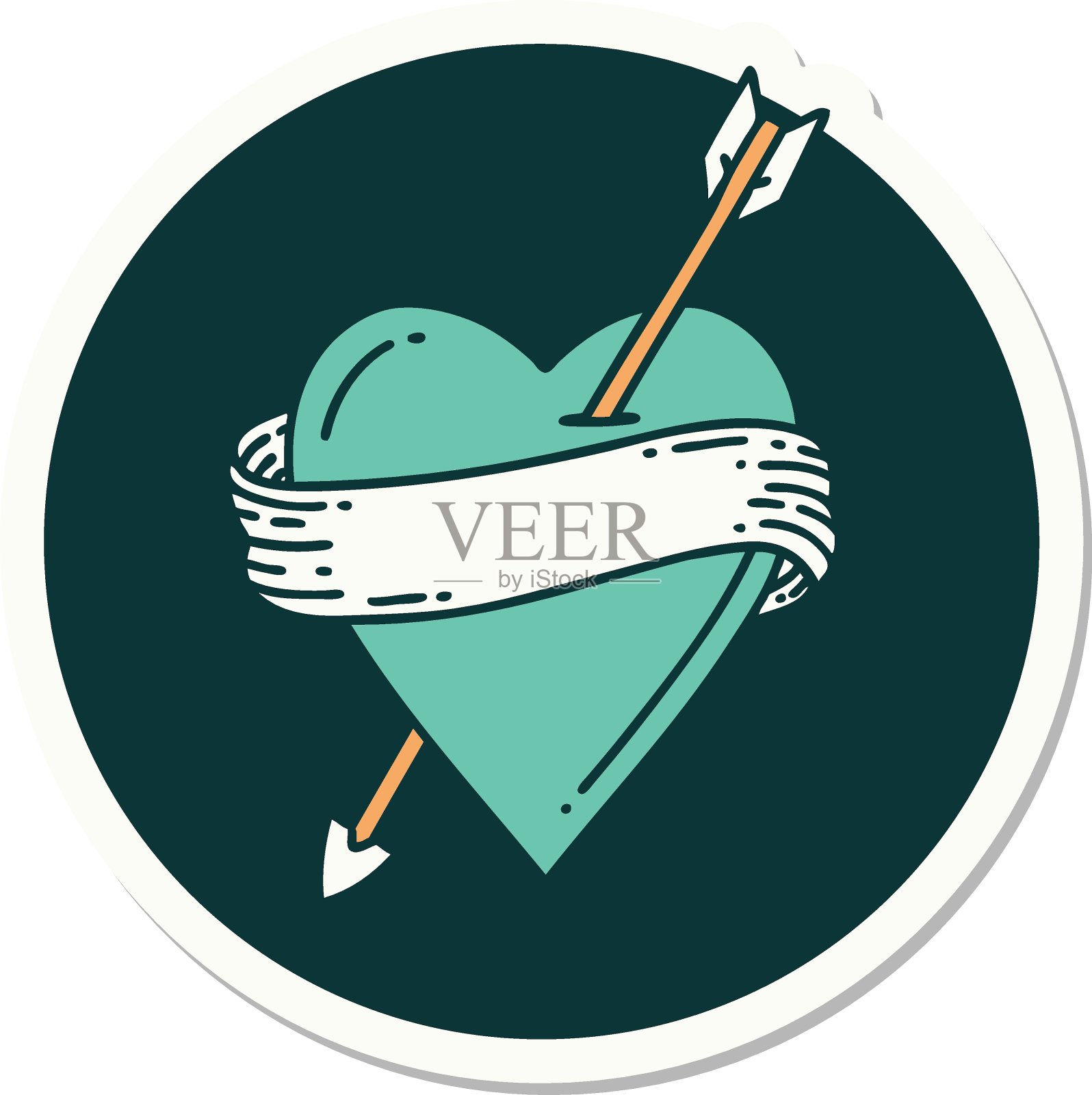 纹身风格贴纸的箭头心和旗帜插画图片素材