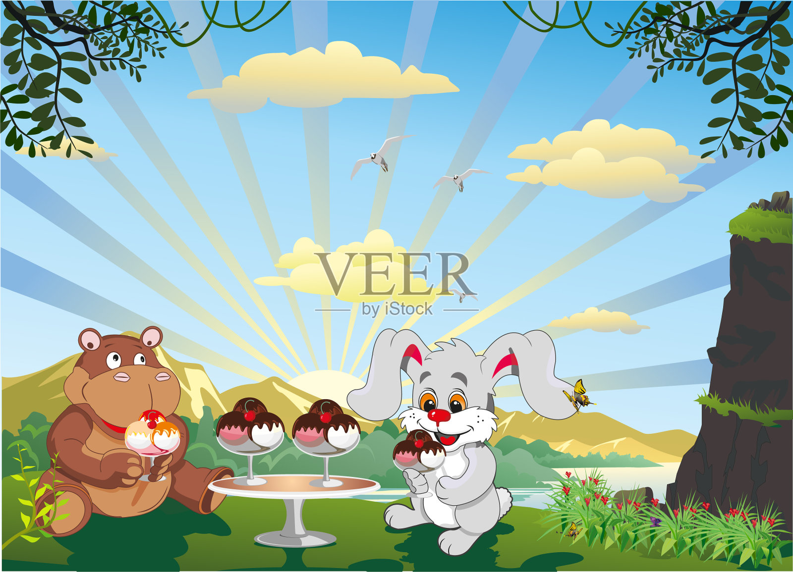 图片-兔子和河马在户外吃冰淇淋插画图片素材