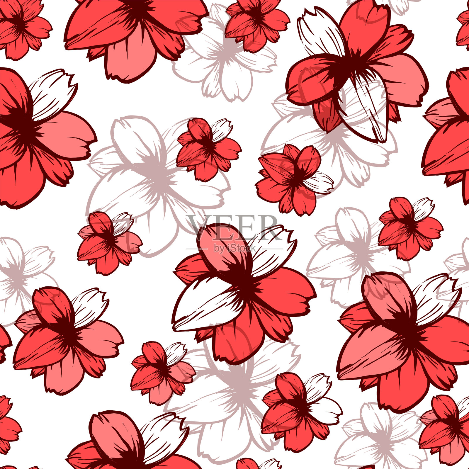 无缝图案与粉红色的花在白色插画图片素材