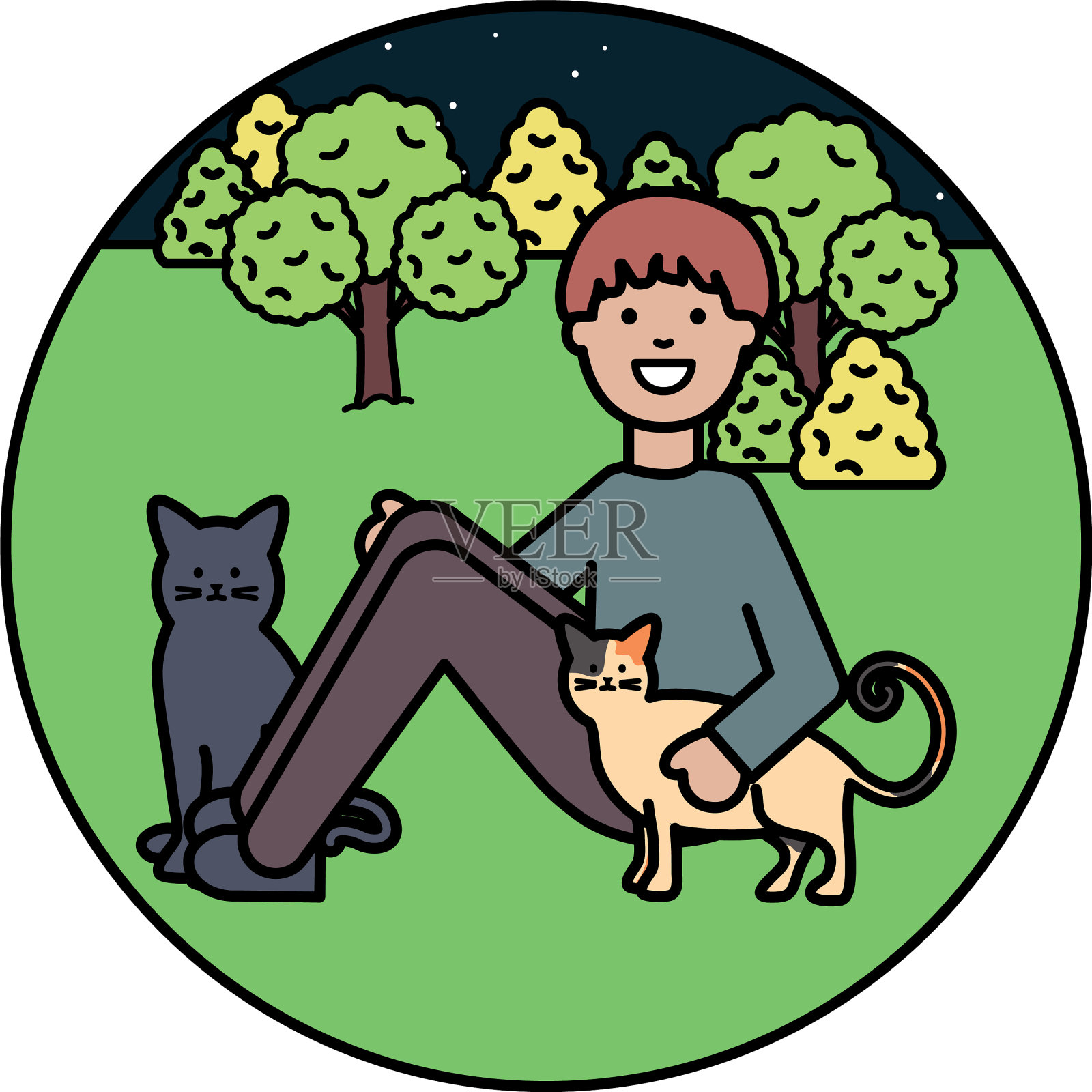 年轻男子和可爱的猫吉祥物在公园设计元素图片