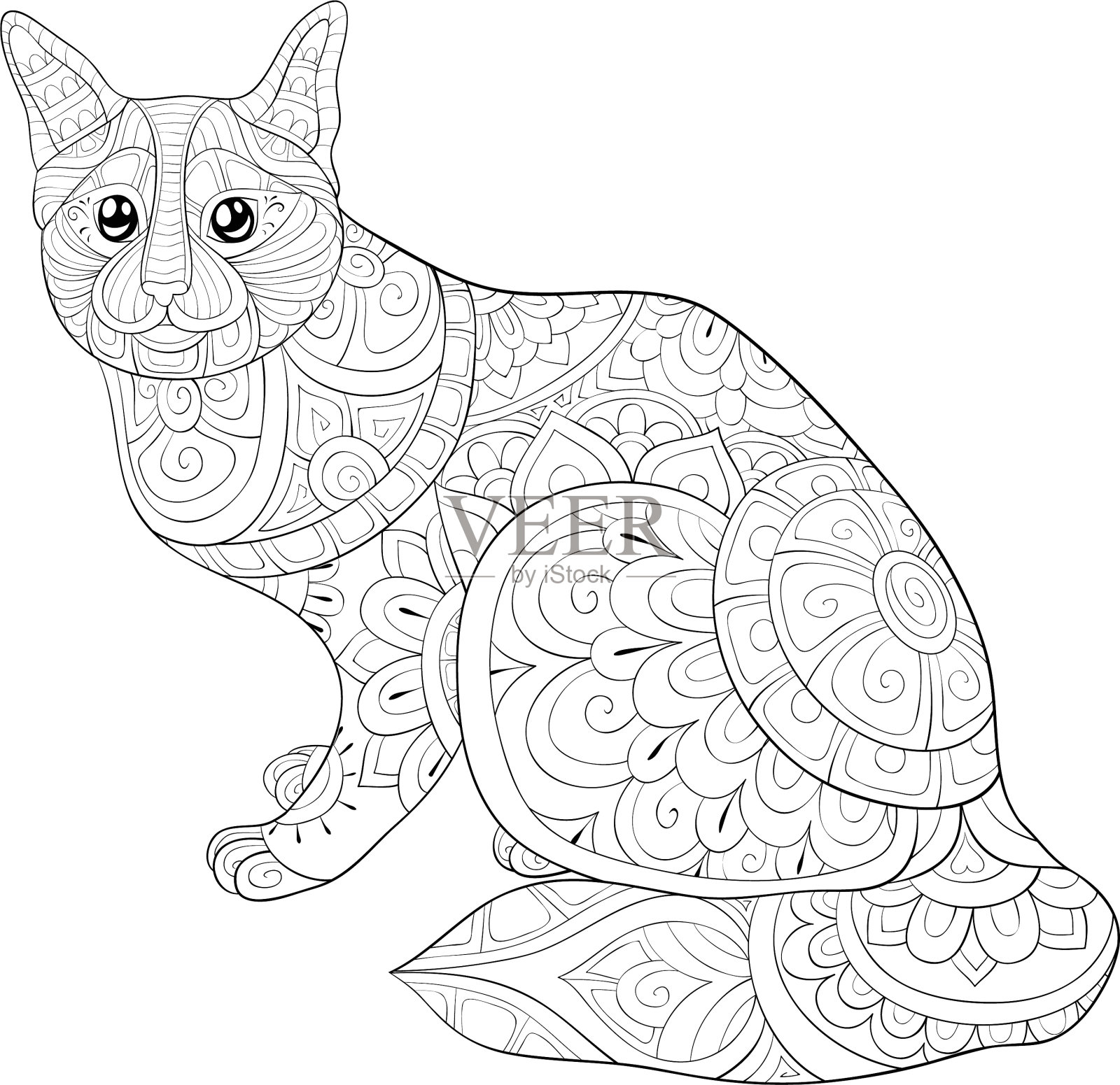 成人涂色书，可爱的猫与装饰品设计元素图片