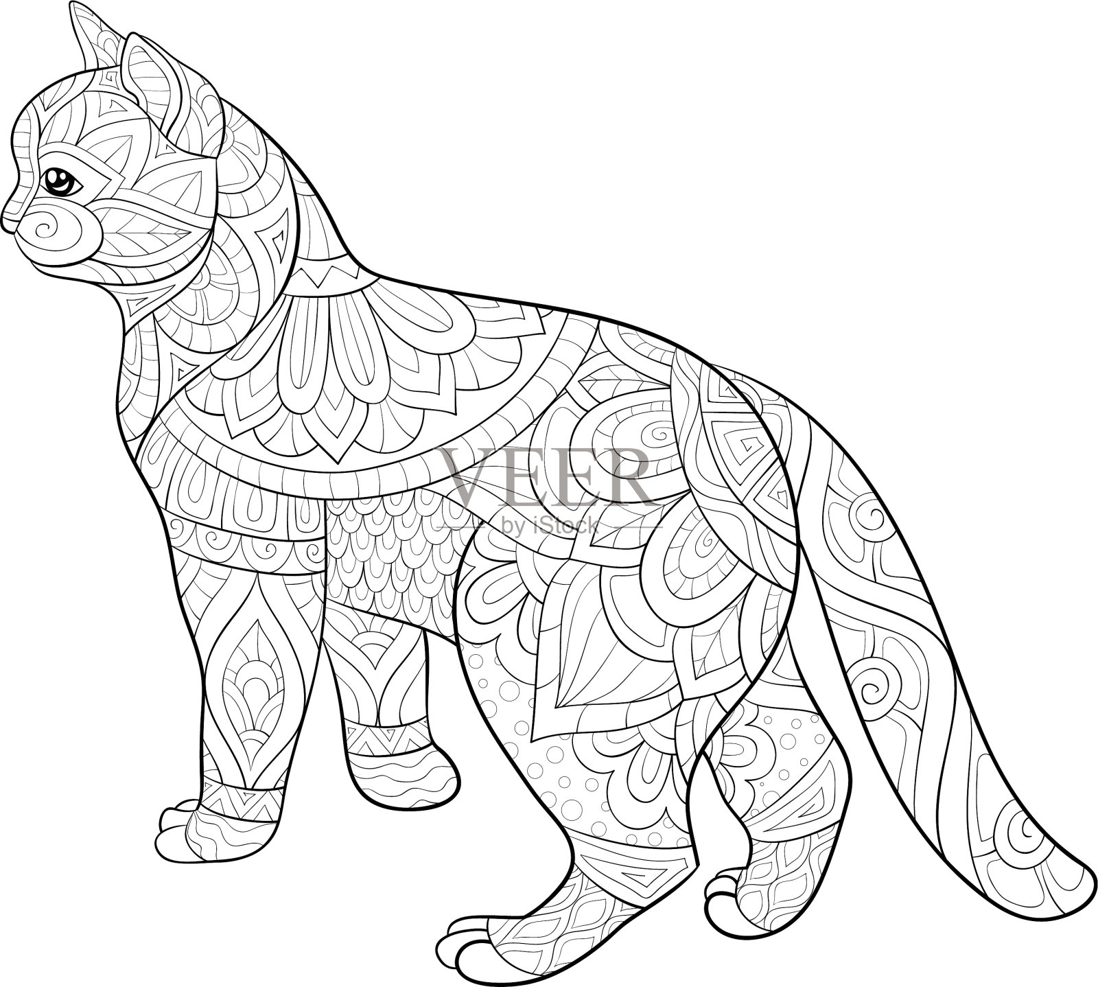 成人涂色书，可爱的猫与装饰品设计元素图片