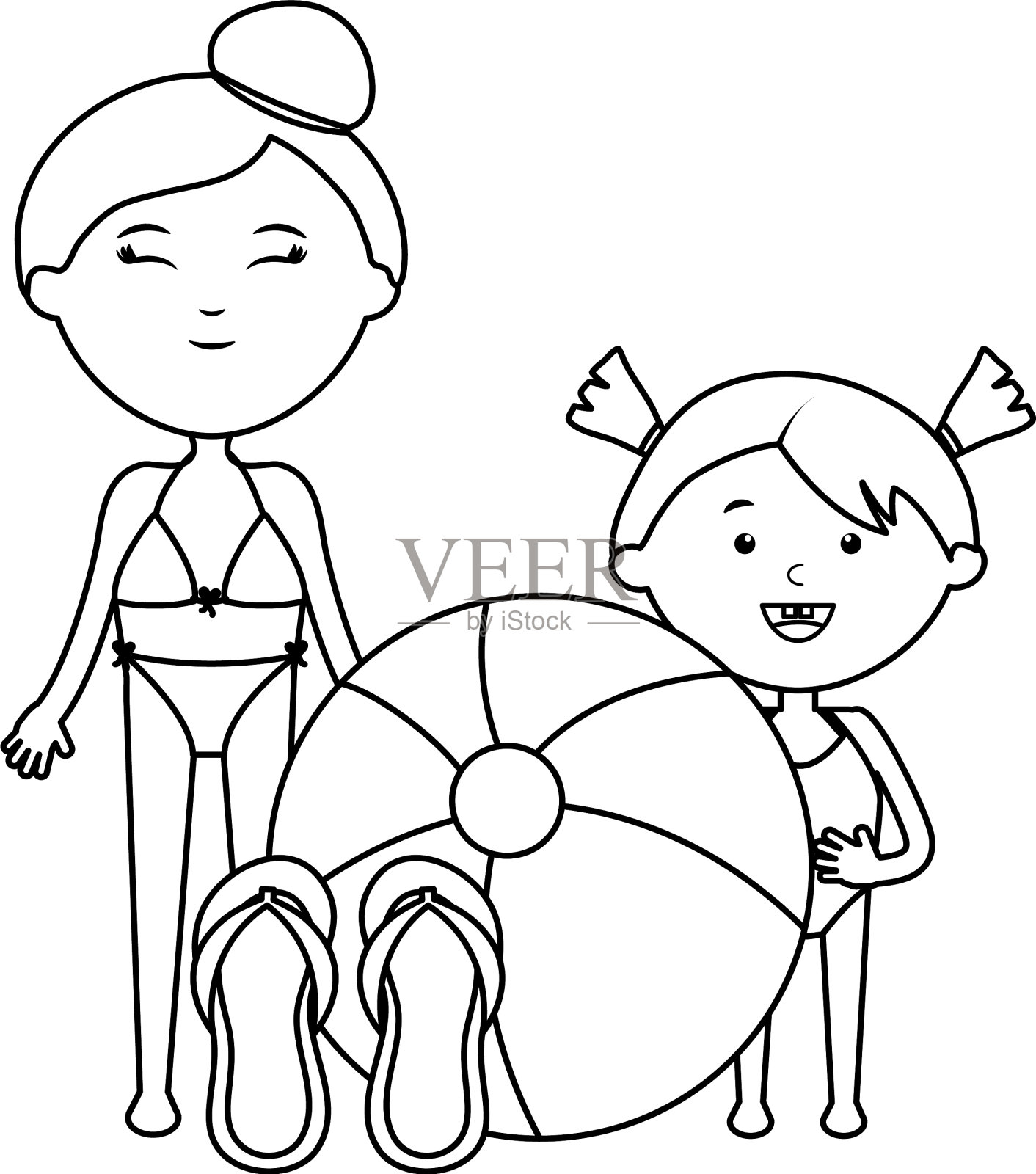 可爱的小女孩和妈妈和气球海滩设计元素图片