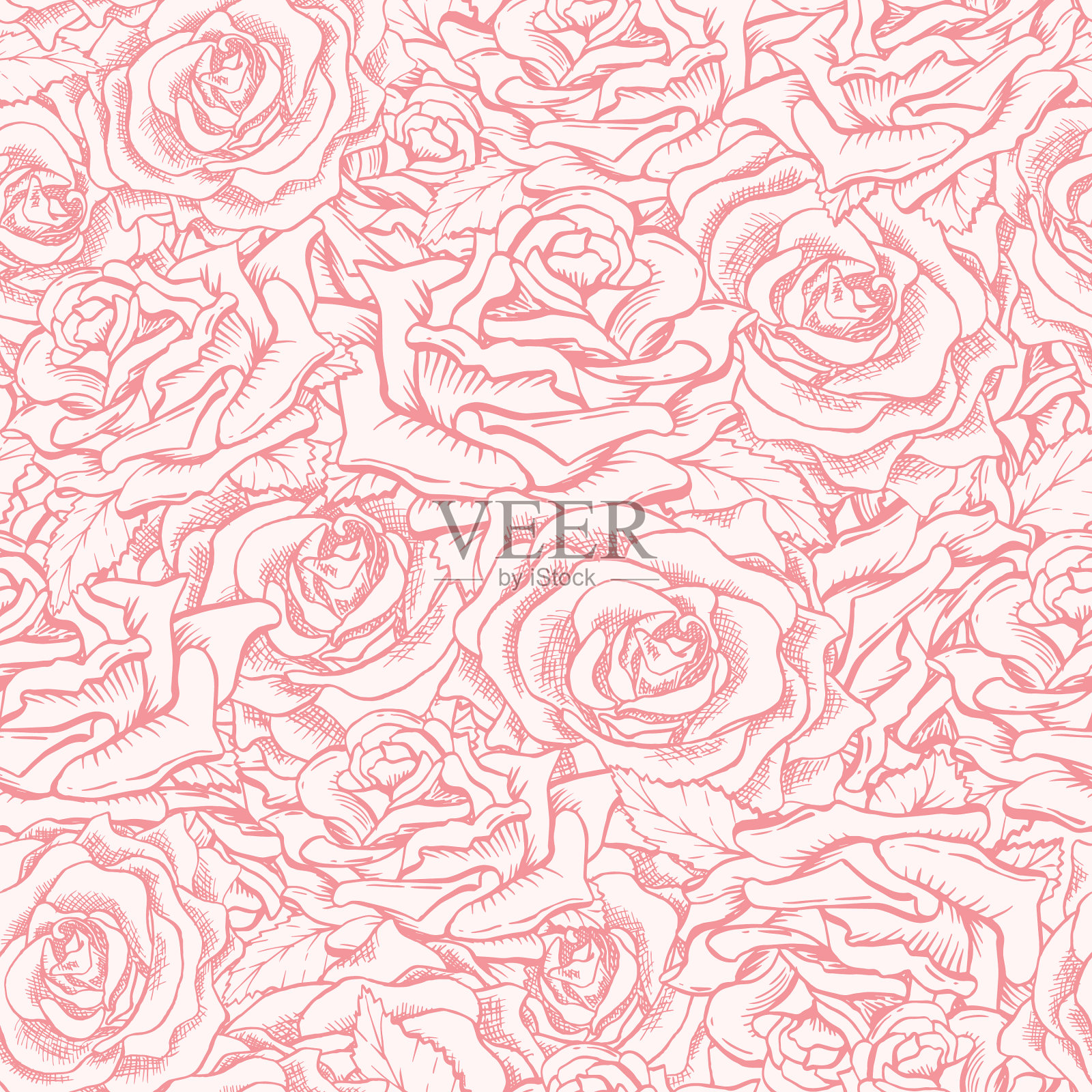 红色或粉红色玫瑰无缝图案与草图插画图片素材