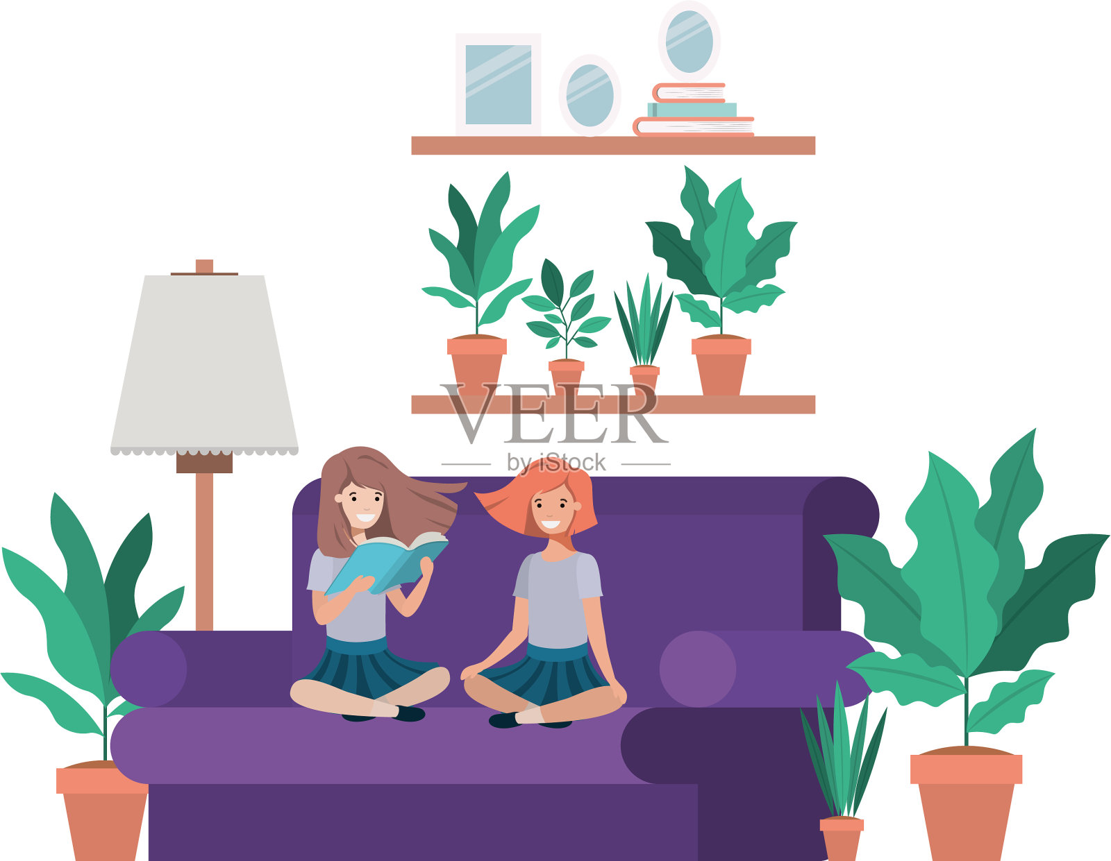 年轻女性在客厅的化身角色插画图片素材