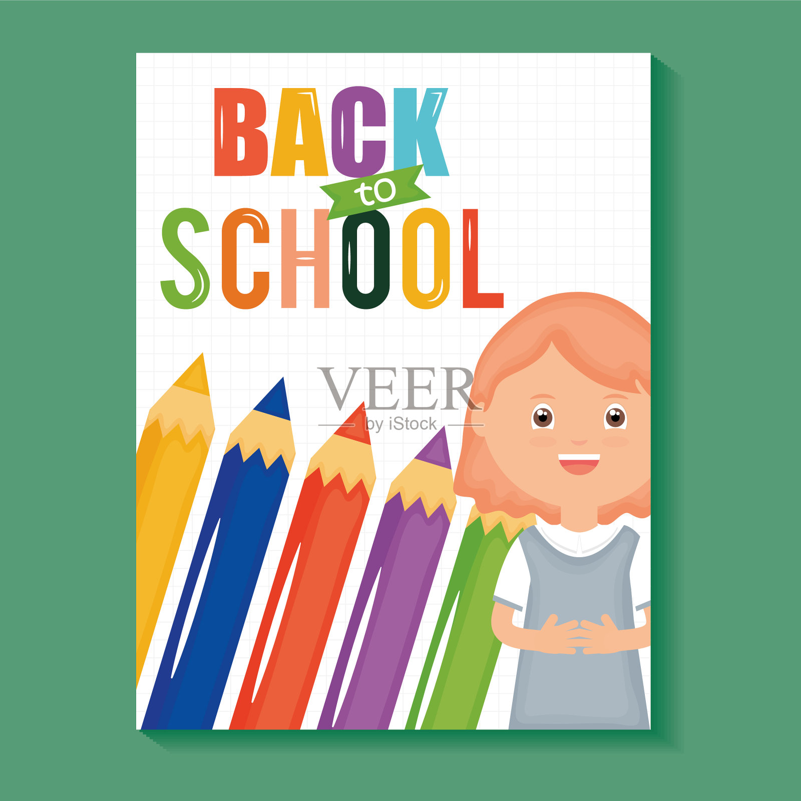 可爱的小学生女孩用彩色铅笔插画图片素材