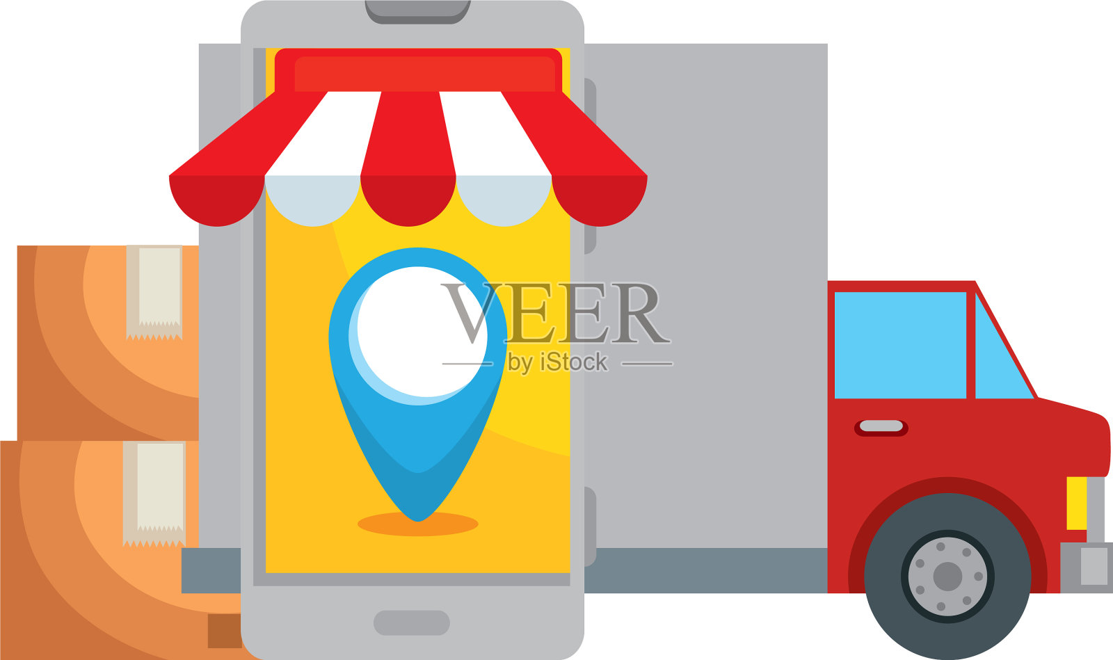 带智能手机和盒子的快递卡车设计元素图片