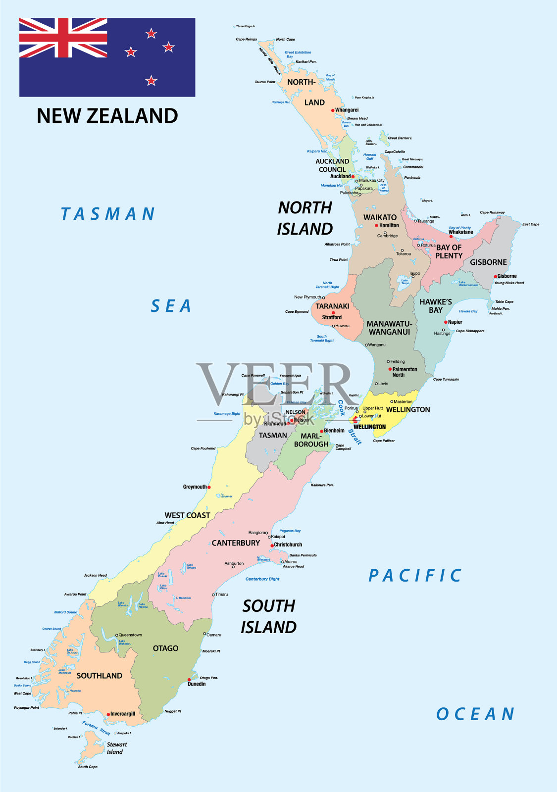 新西兰行政和政治地图插画图片素材