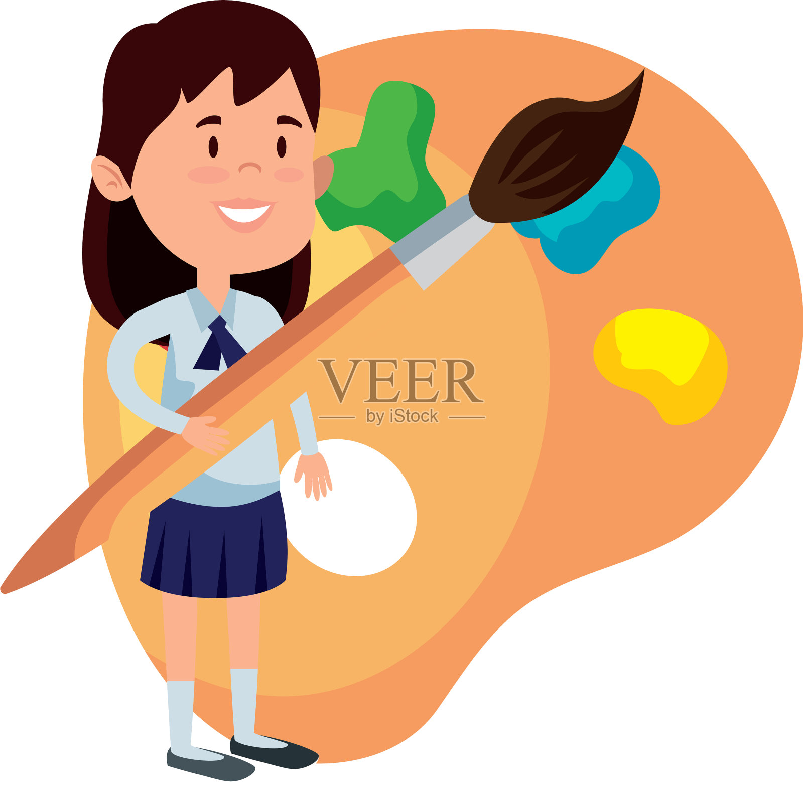 快乐的学生女孩用画笔和绘画设计元素图片