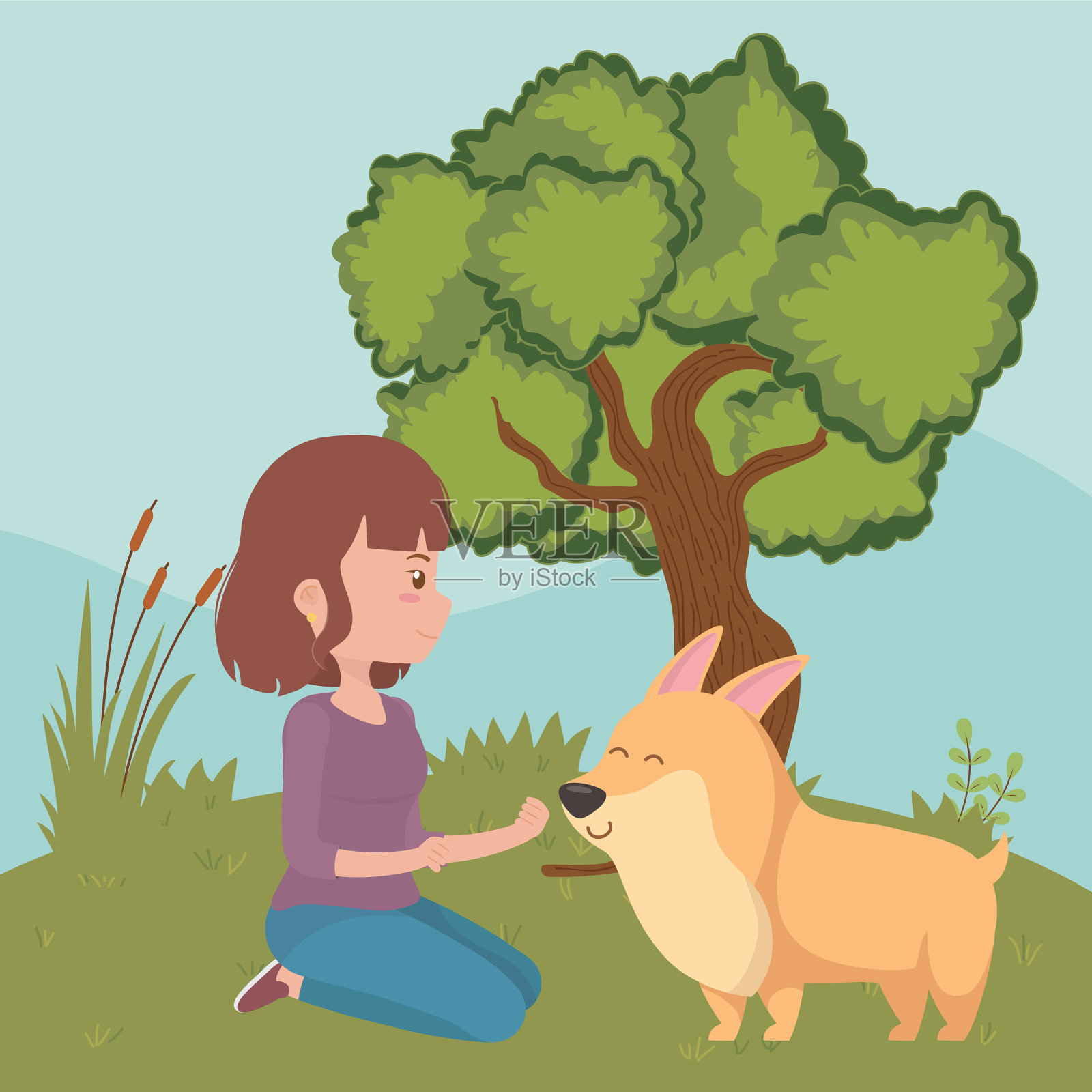 女孩与狗卡通设计插画图片素材