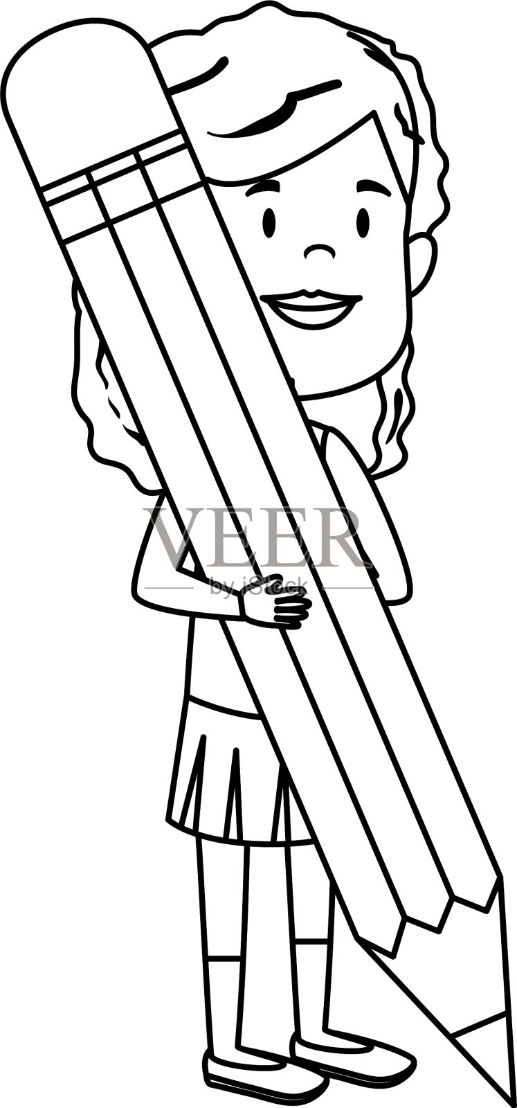 快乐的学生女孩用铅笔写字设计元素图片