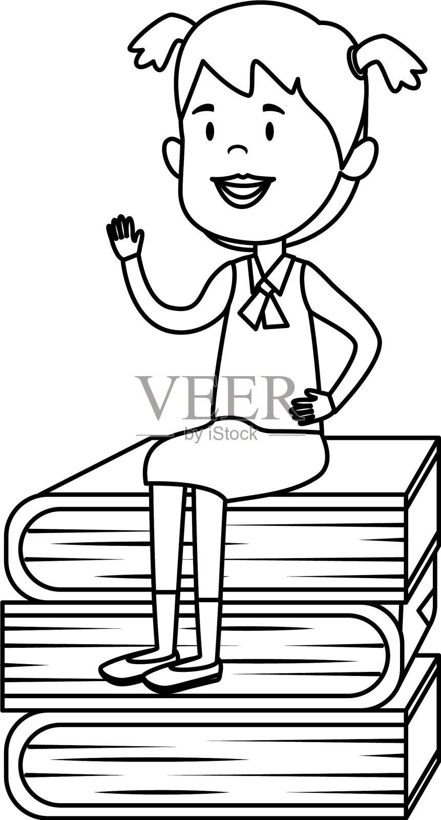 快乐的学生女孩坐在一堆课本设计元素图片