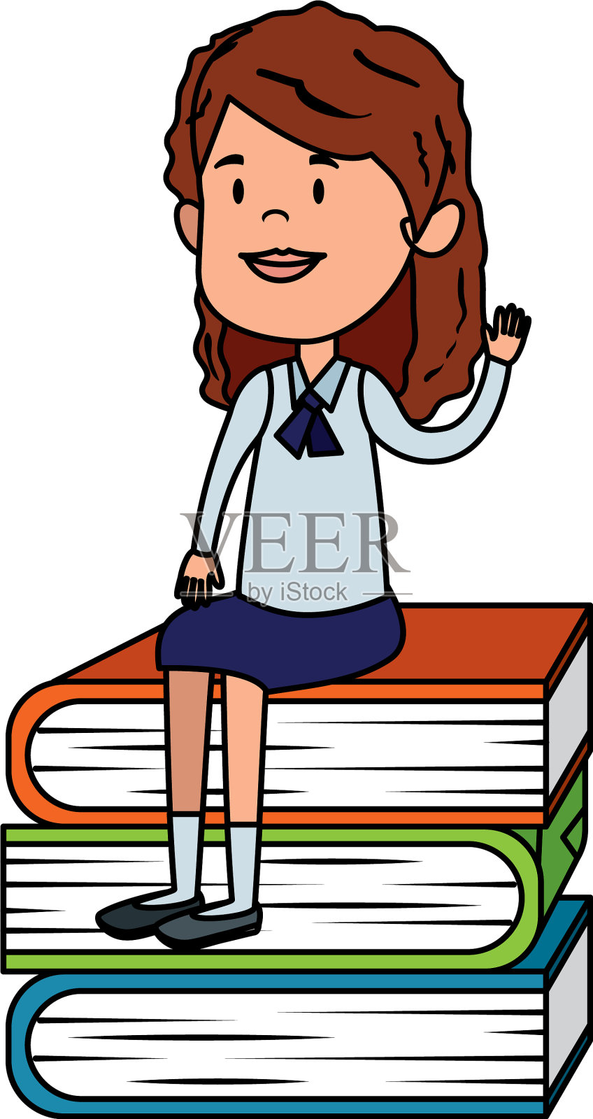 快乐的学生女孩坐在一堆课本设计元素图片