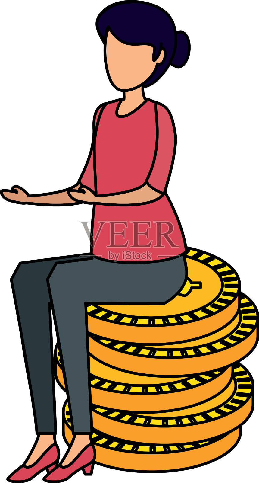 年轻女子坐在硬币现金钱美元设计元素图片