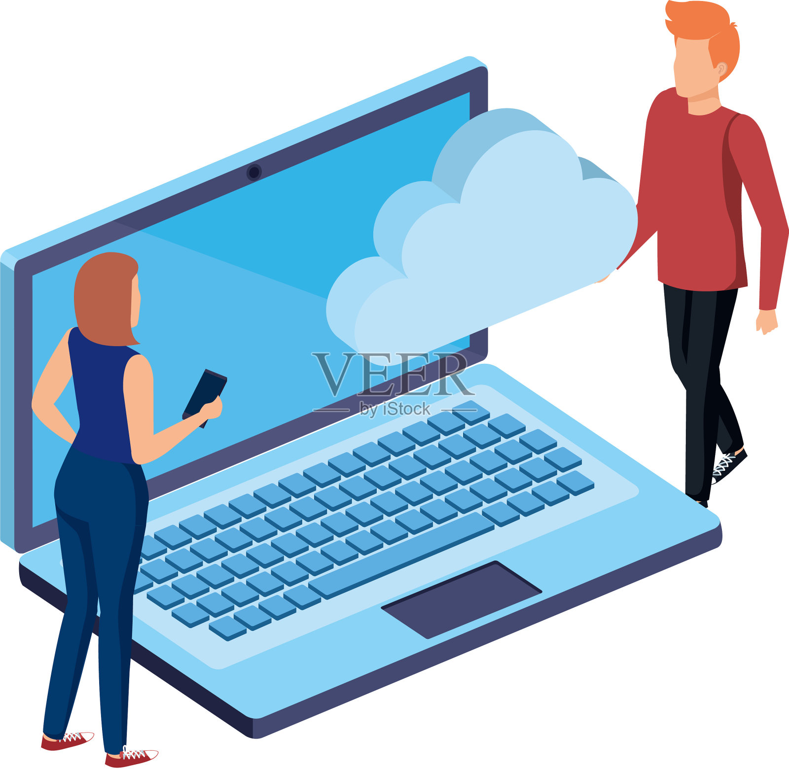 拥有笔记本电脑和云计算的年轻夫妇设计元素图片