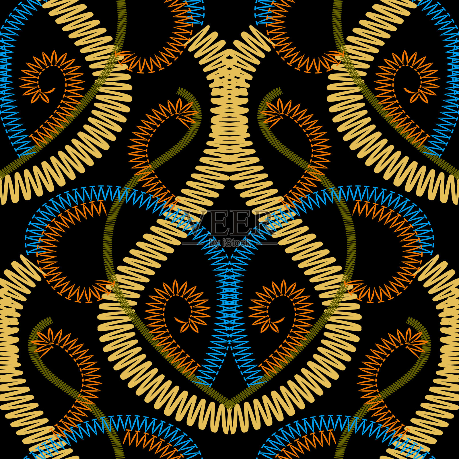 刺绣彩色花卉无缝图案插画图片素材