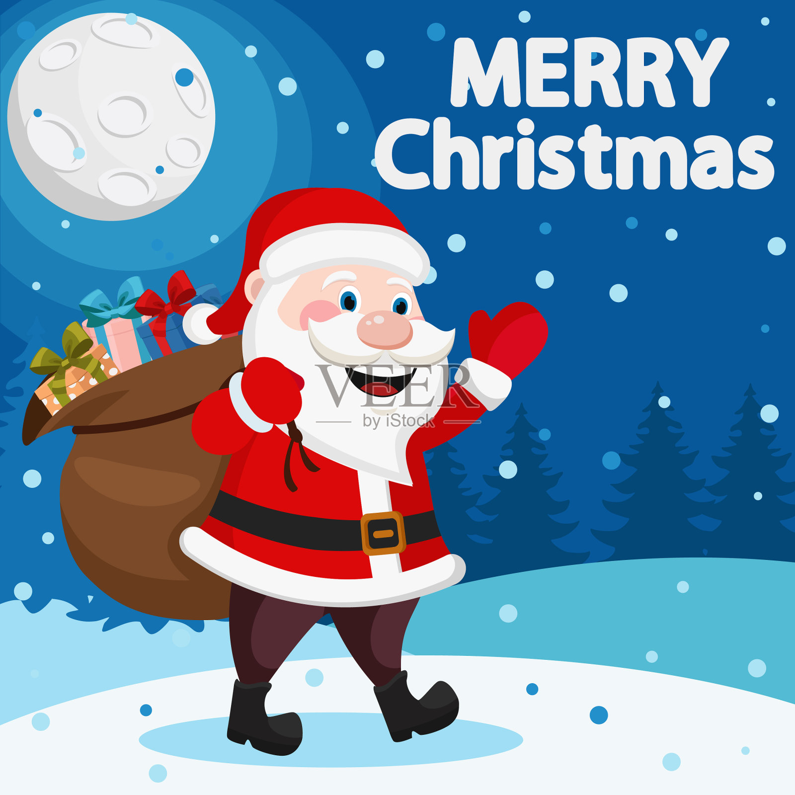 圣诞老人背着一个装满礼物的袋子插画图片素材