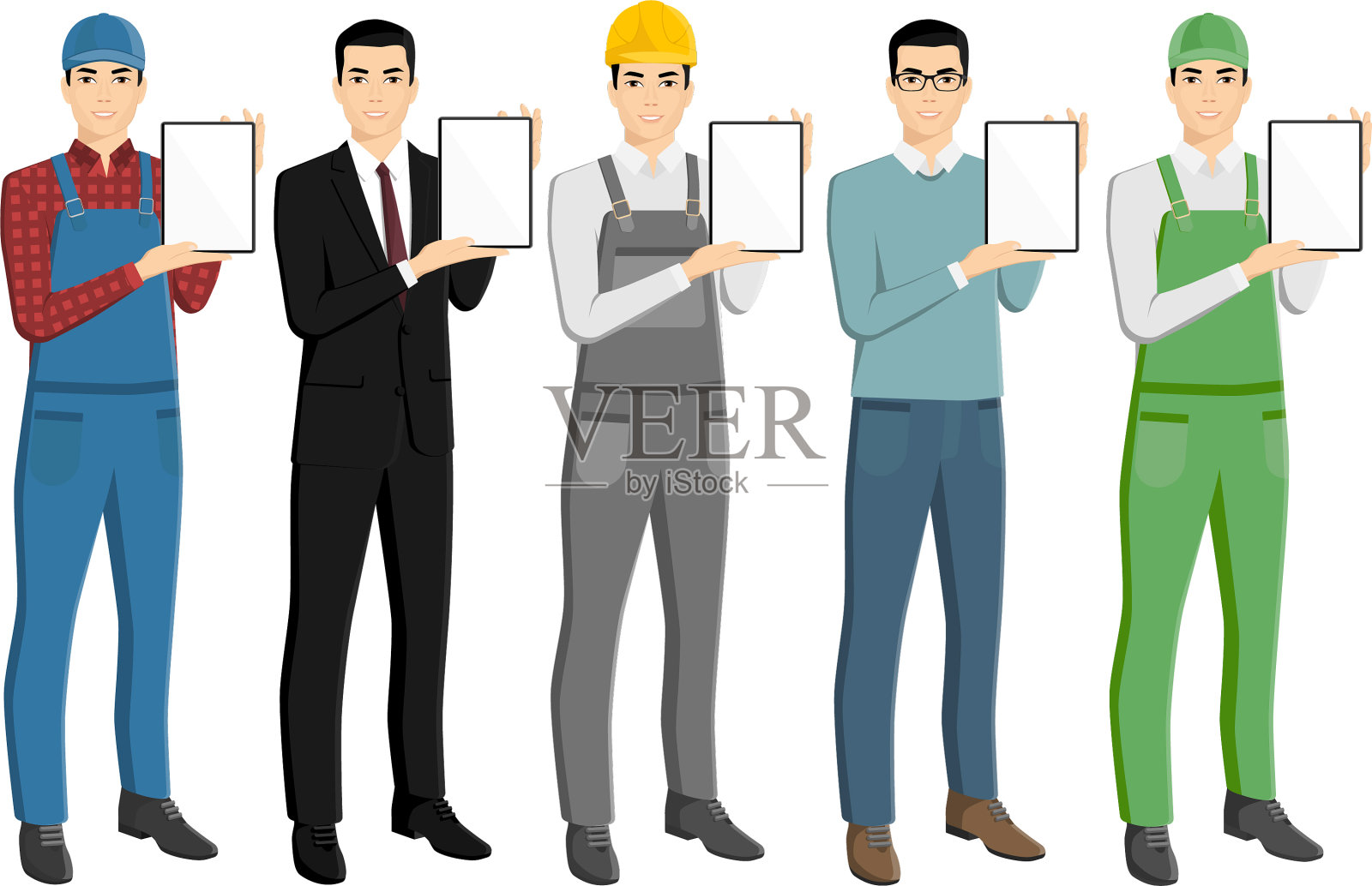 一组拿着平板电脑的亚洲男人插画图片素材