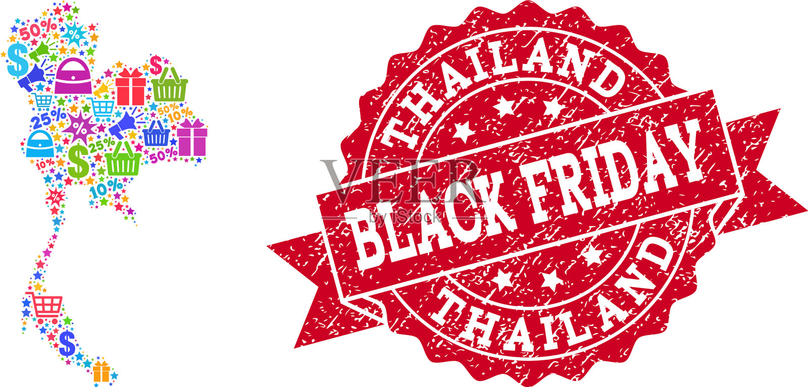 黑色星期五拼贴泰国和马赛克地图设计元素图片