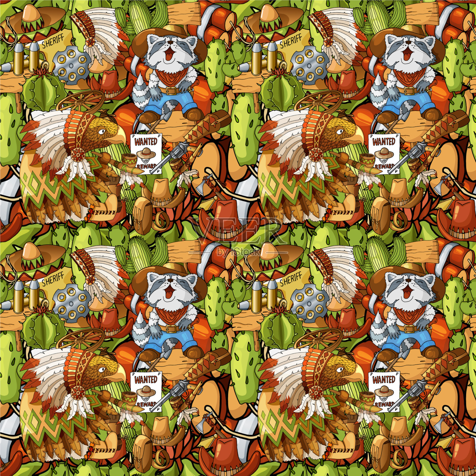 无缝图案手绘野生美国西部插画图片素材