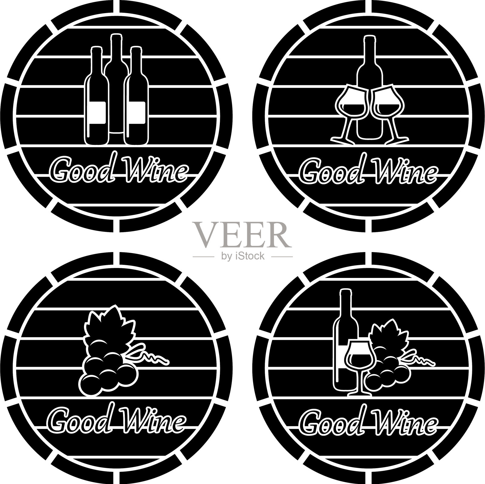 木桶与酒瓶和玻璃杯的图标插画图片素材