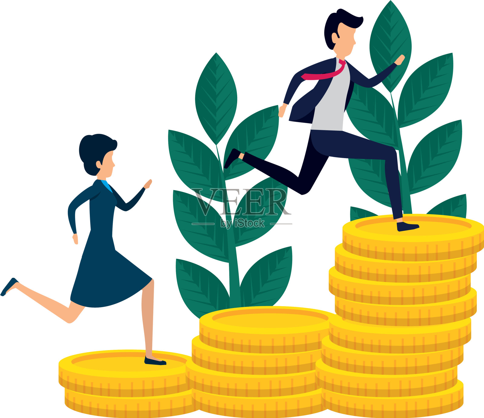 商业夫妇在经营硬币和植物插画图片素材