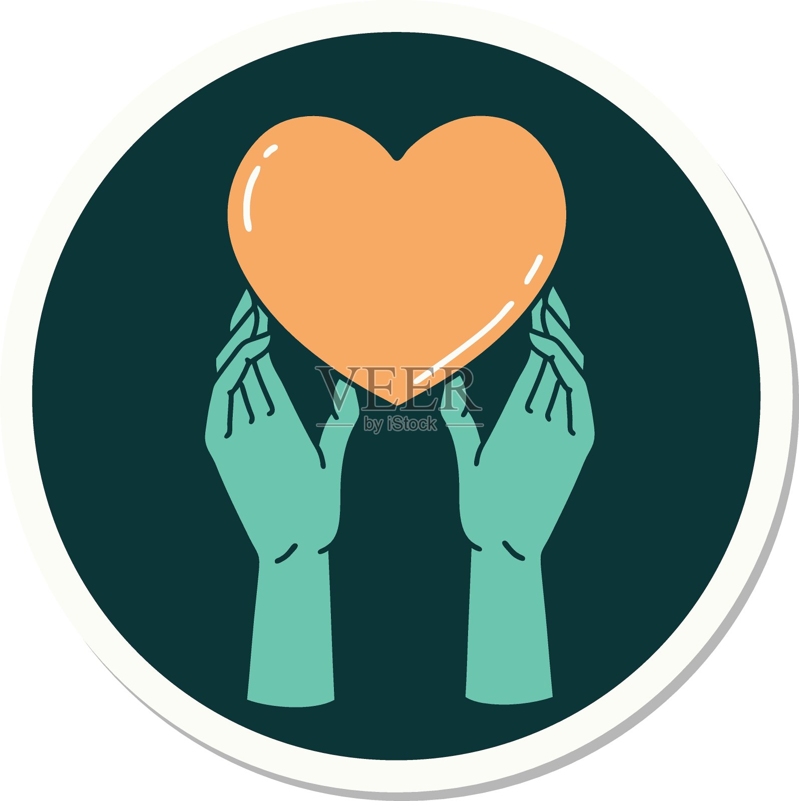 纹身风格贴纸的手伸向一颗心插画图片素材