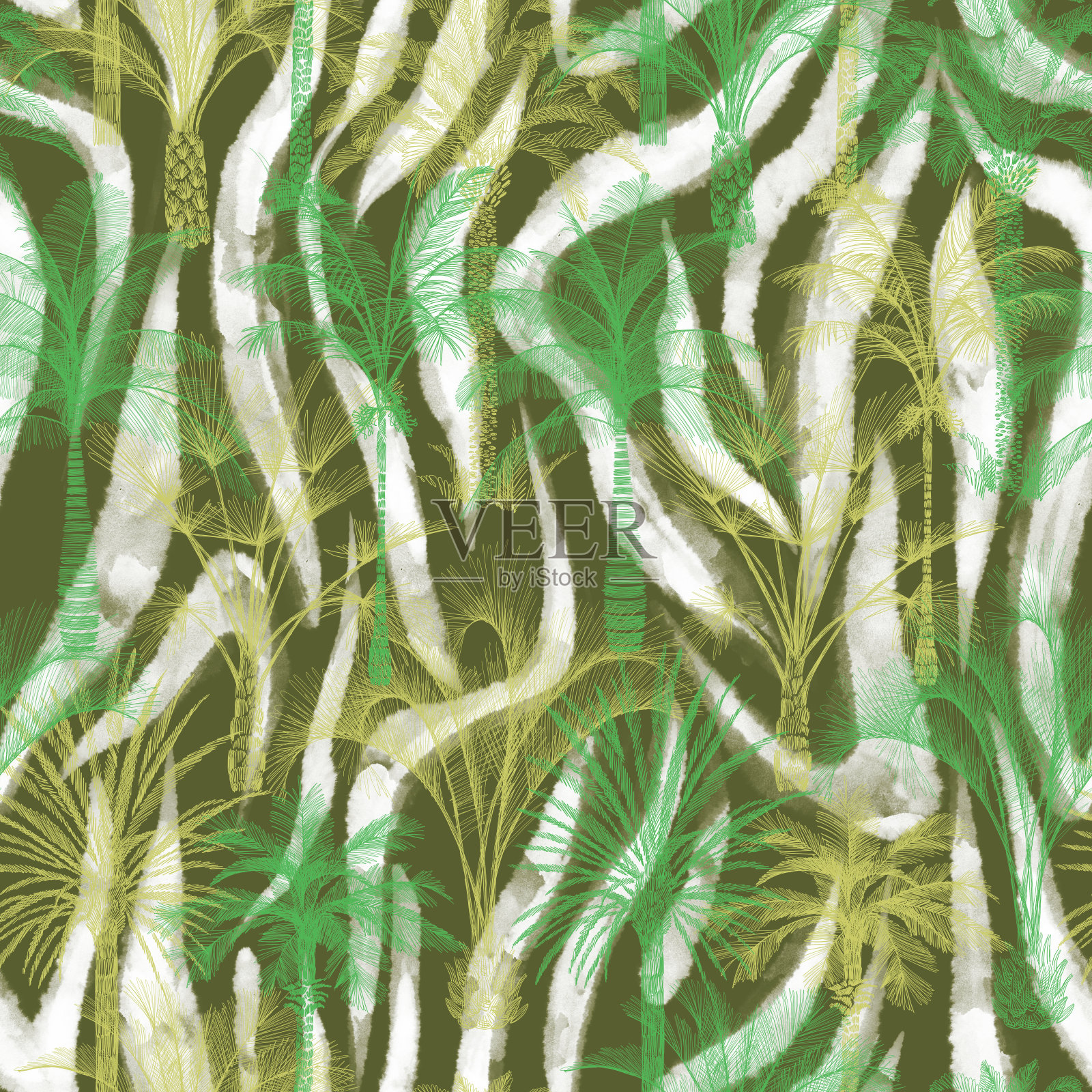 抽象的无缝图案混合斑马条纹与棕榈树。夏季热带背景。插画图片素材