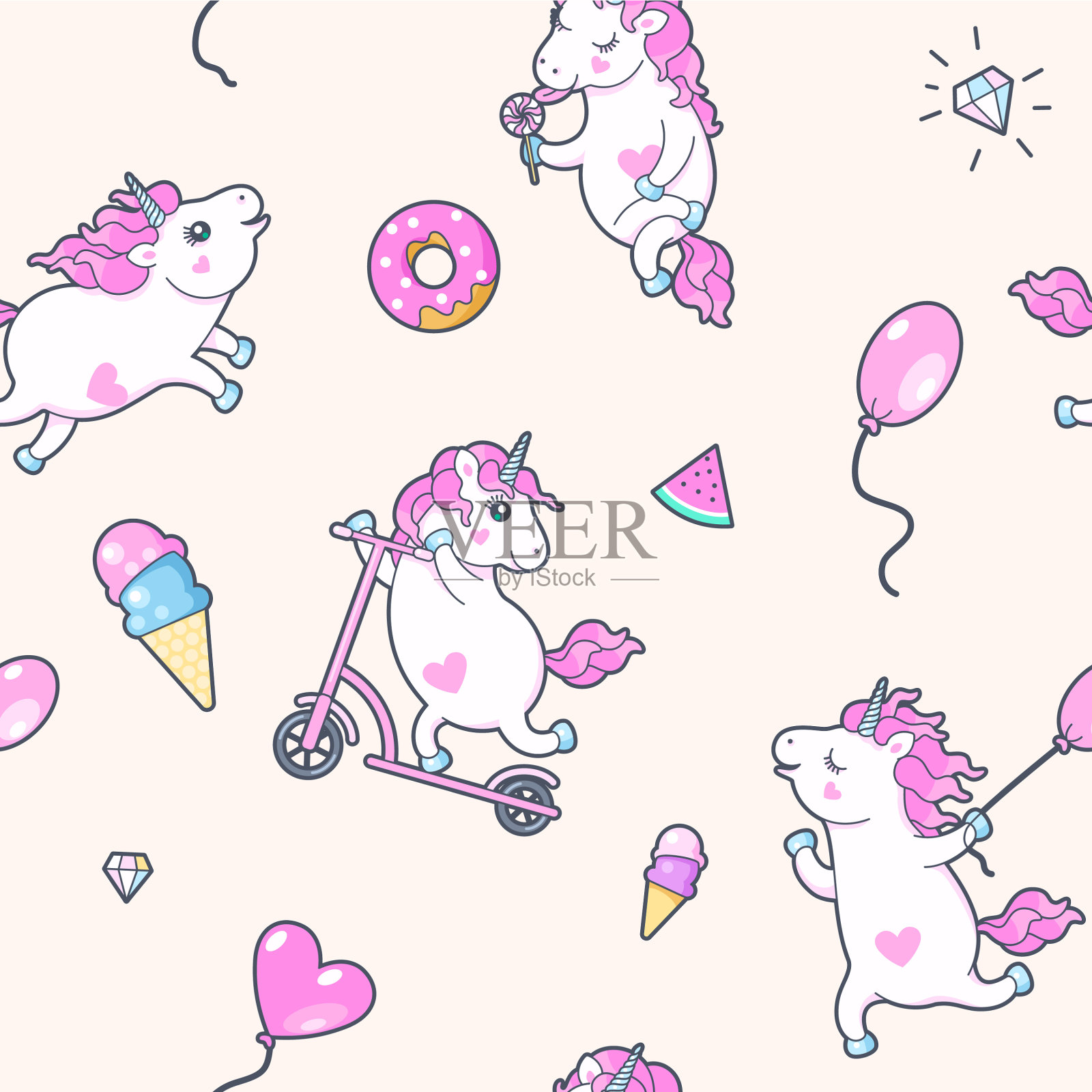 无缝图案和可爱的小独角兽插画图片素材