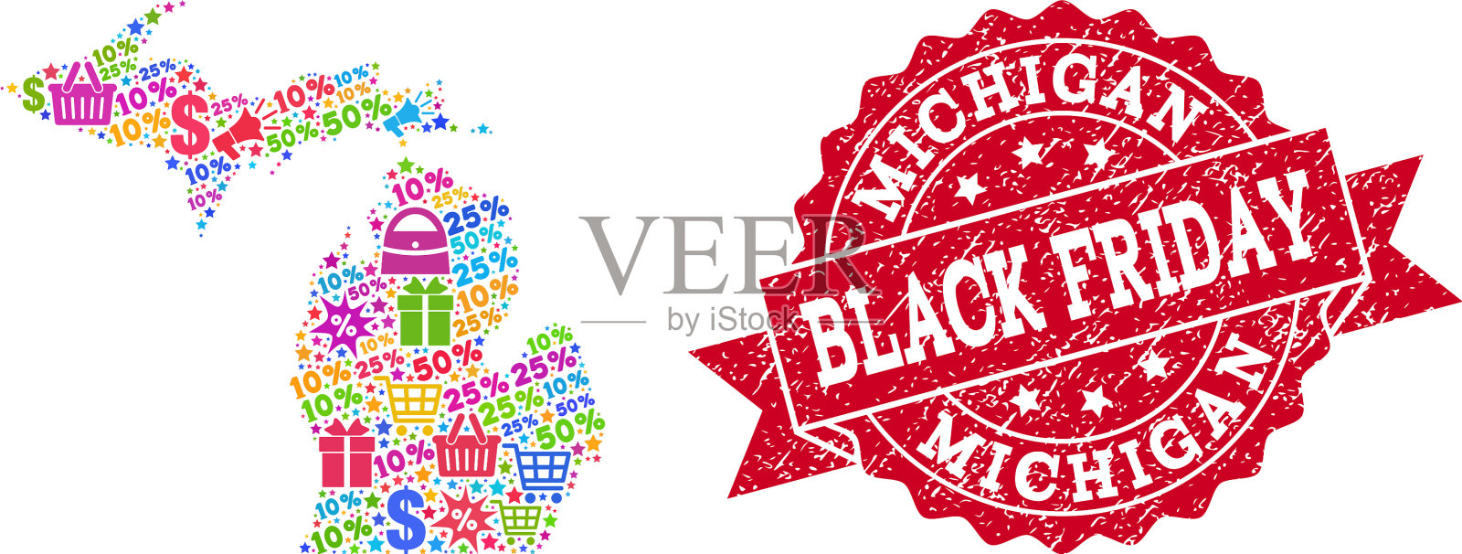 黑色星期五组成的马赛克地图的密歇根州设计元素图片