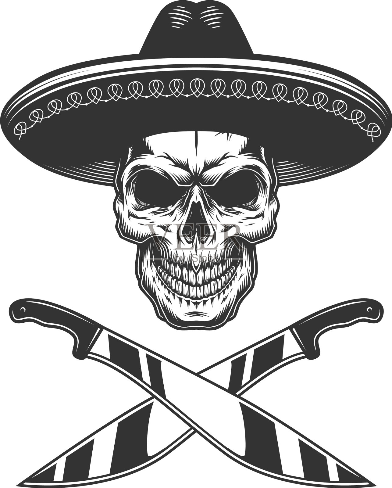 复古的单色墨西哥头骨戴着宽边帽设计元素图片