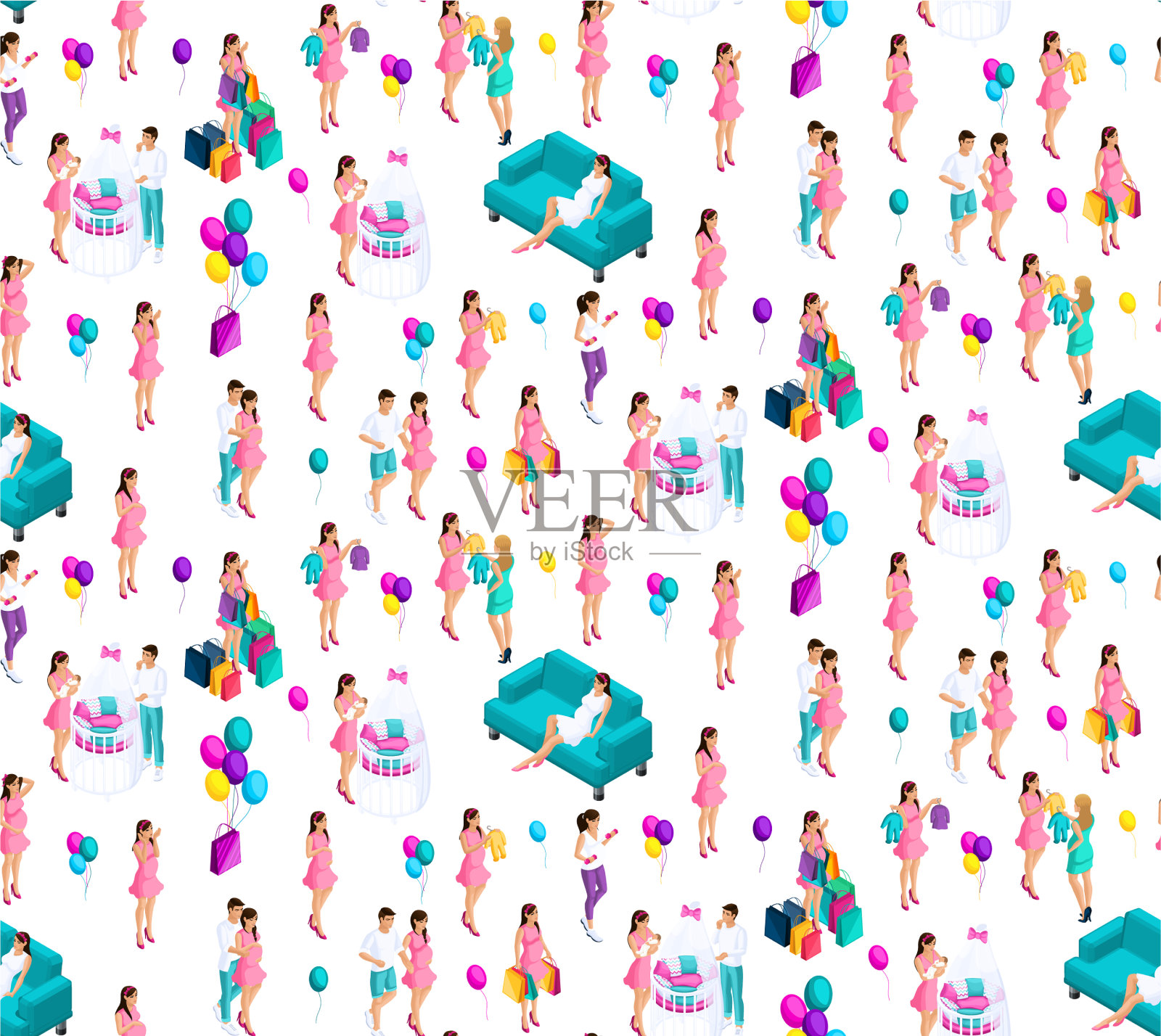 等距无缝背景3d女孩和男人插画图片素材