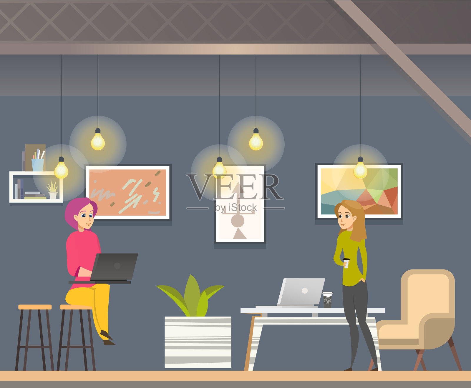 女性自由职业者在共同工作的开放空间工作插画图片素材