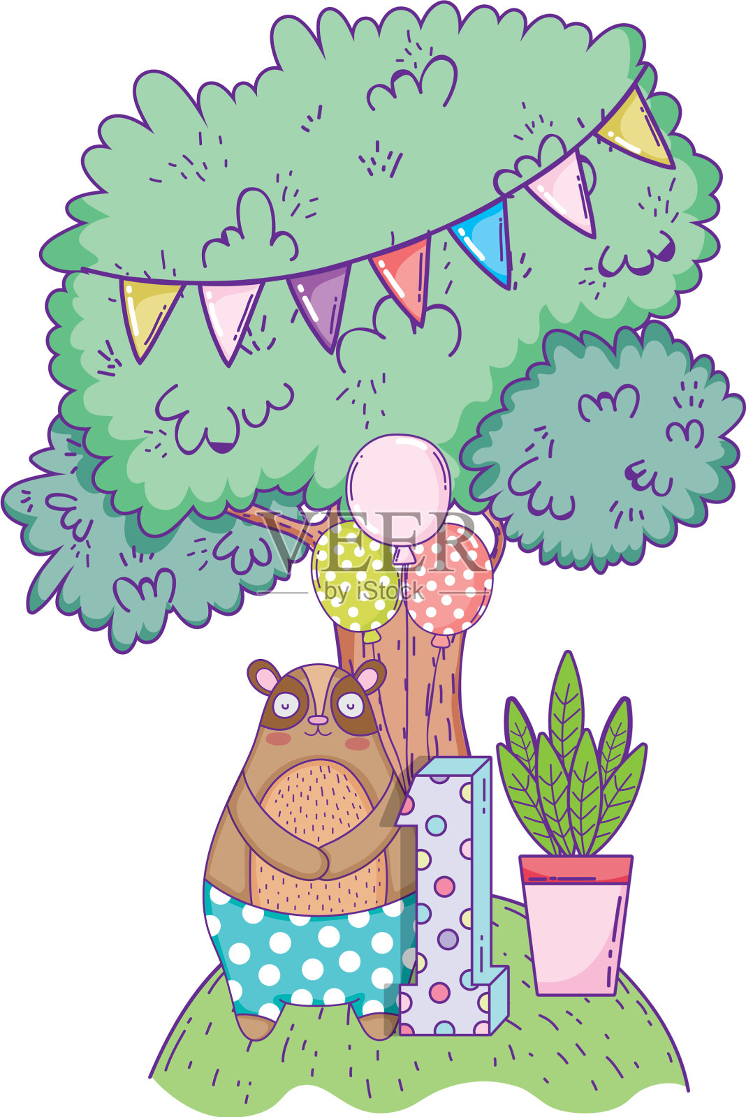 可爱的熊和气球氦气在风景设计元素图片