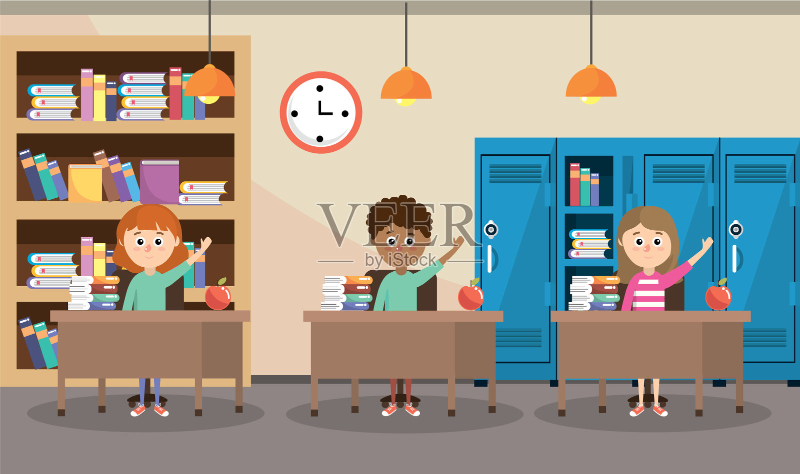 教育学生用课桌和书柜插画图片素材