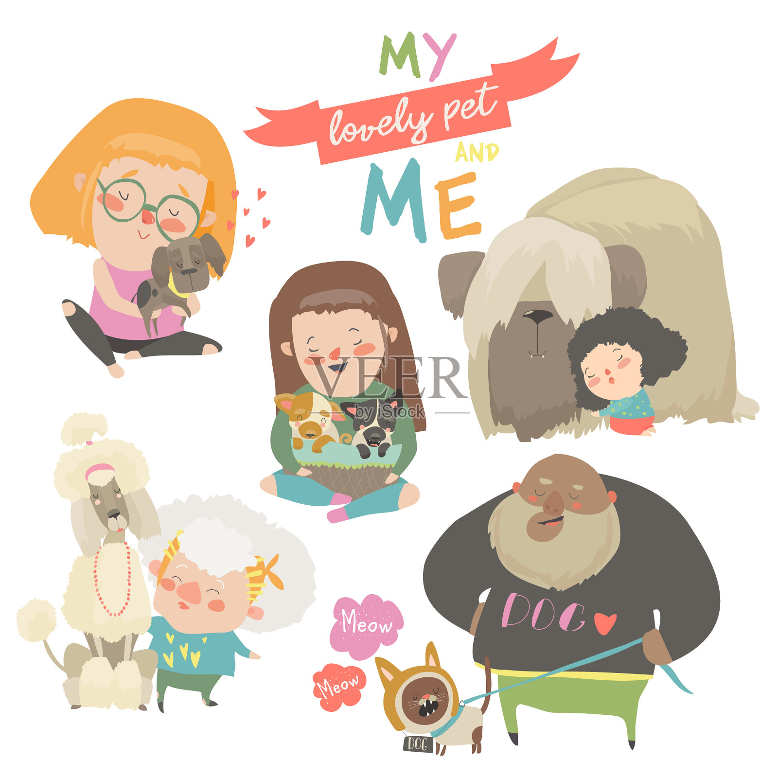 可爱的宠物和他们的主人，有趣的卡通狗设计元素图片