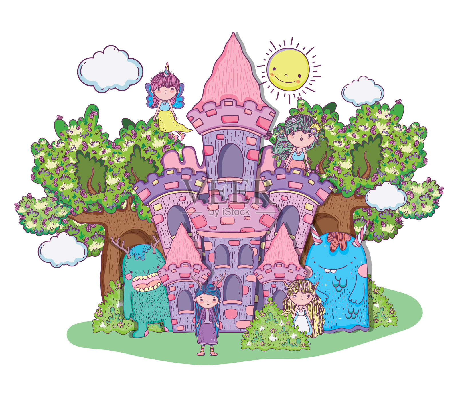 神奇的女孩在有树的城堡里设计元素图片