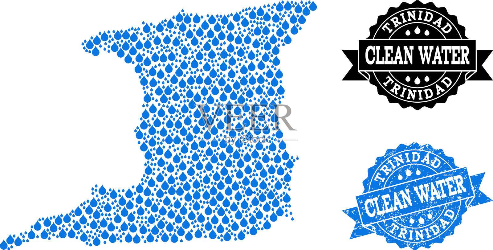 拼贴图的特立尼达岛与水露珠和插画图片素材