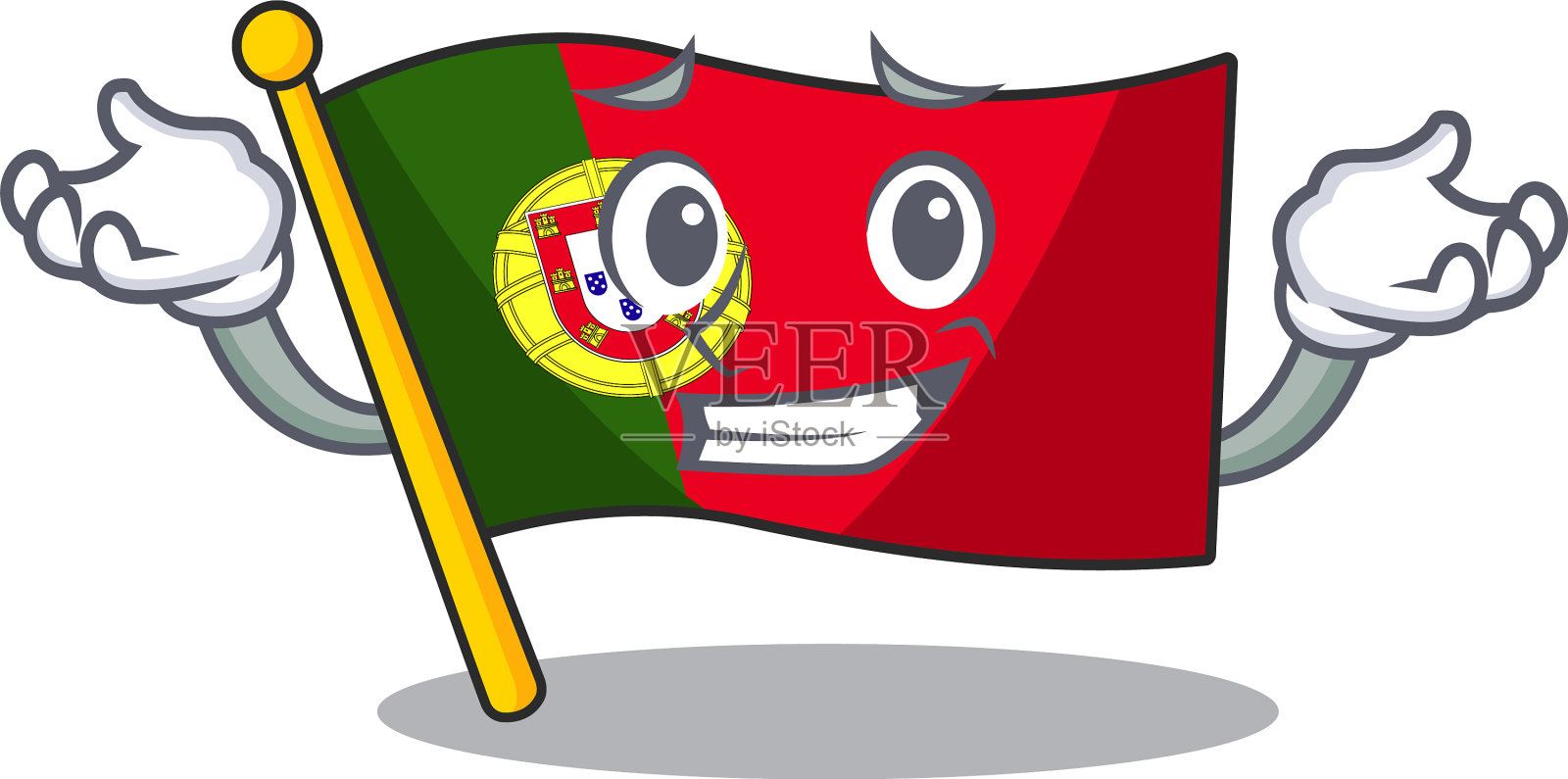 咧嘴笑的葡萄牙国旗折叠在卡通桌上插画图片素材