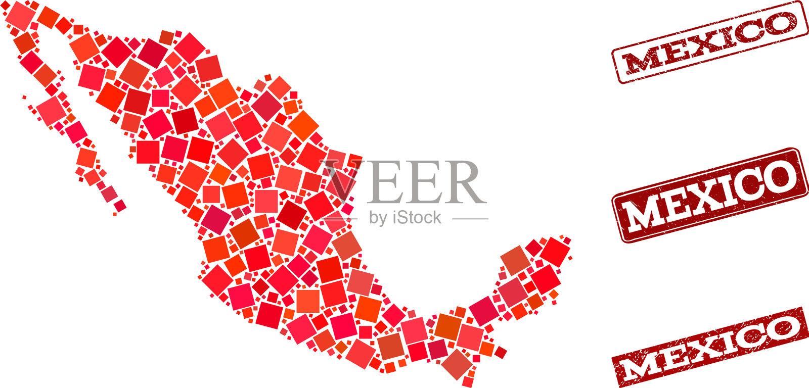 红色马赛克地图的墨西哥和垃圾插画图片素材