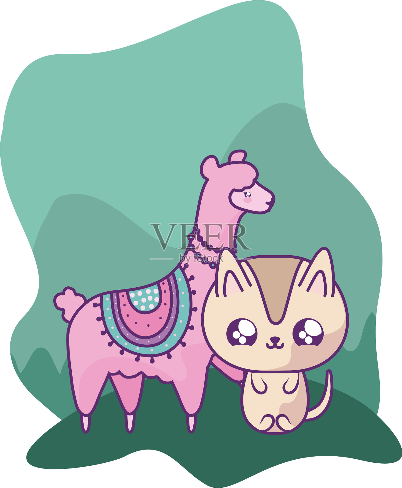 可爱的羊驼和猫动物巴卡瓦伊设计元素图片