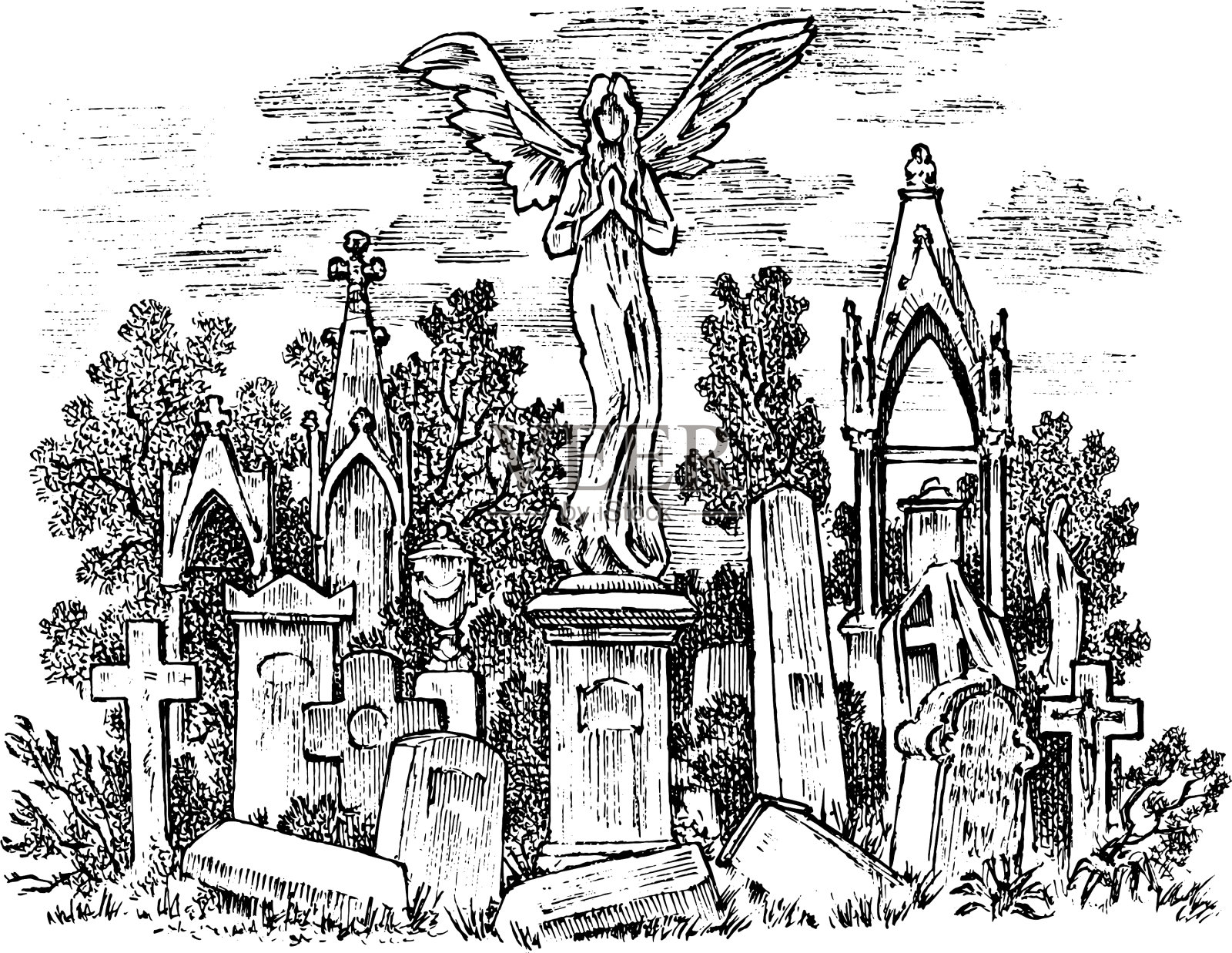古老的墓地景观上有一个天使设计元素图片